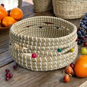 Wicker Tan Bowl Rattan
Basket Handmade Serving
Bowl w/ Beads, Fruit basket